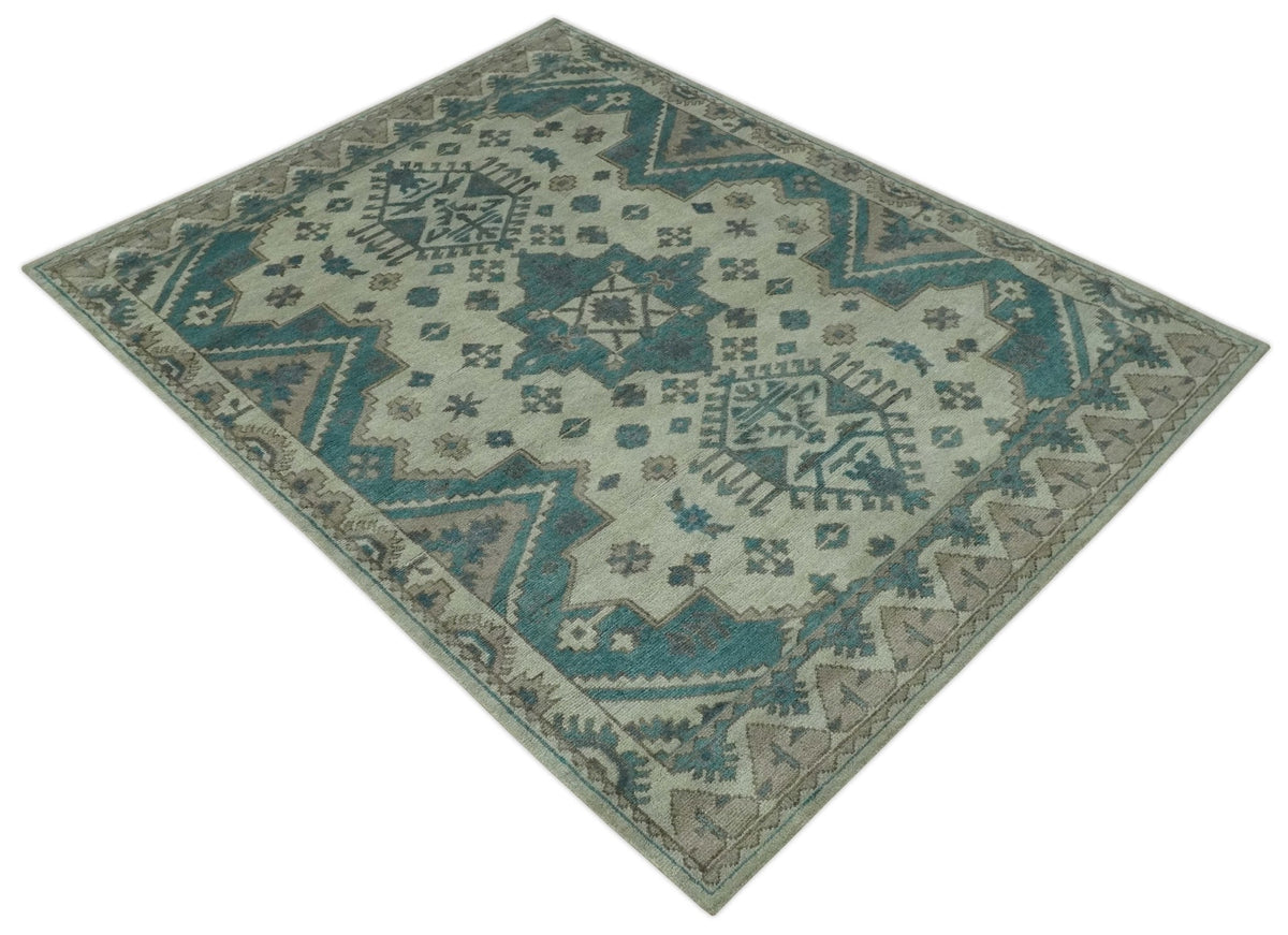 Light green, Teal and Charcoal Traditional Hand Knotted Custom Made wool Area Rug