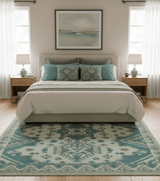 Light green, Teal and Charcoal Traditional Hand Knotted Custom Made wool Area Rug