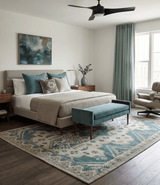 Light green, Teal and Charcoal Traditional Hand Knotted Custom Made wool Area Rug