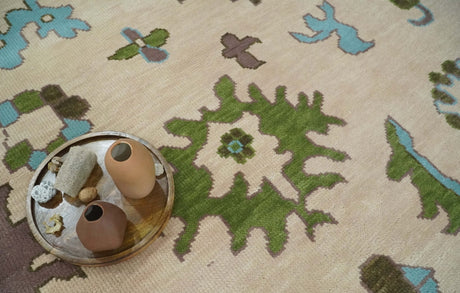 Light Peach, Green and Aqua Hand knotted Traditional Oushak Multi size wool Area Rug