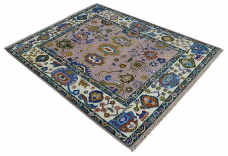 Light Purple, Ivory and Blue Hand knotted Traditional Oushak Multi Size wool Area Rug
