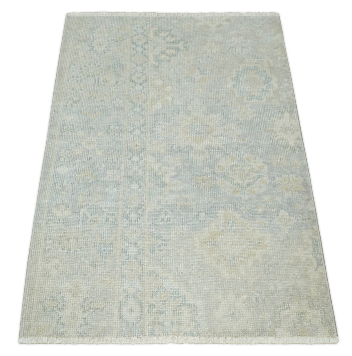 Low Pile 2x3 Hand Knotted Gray, Beige and Ivory Traditional Oushak Wool Rug