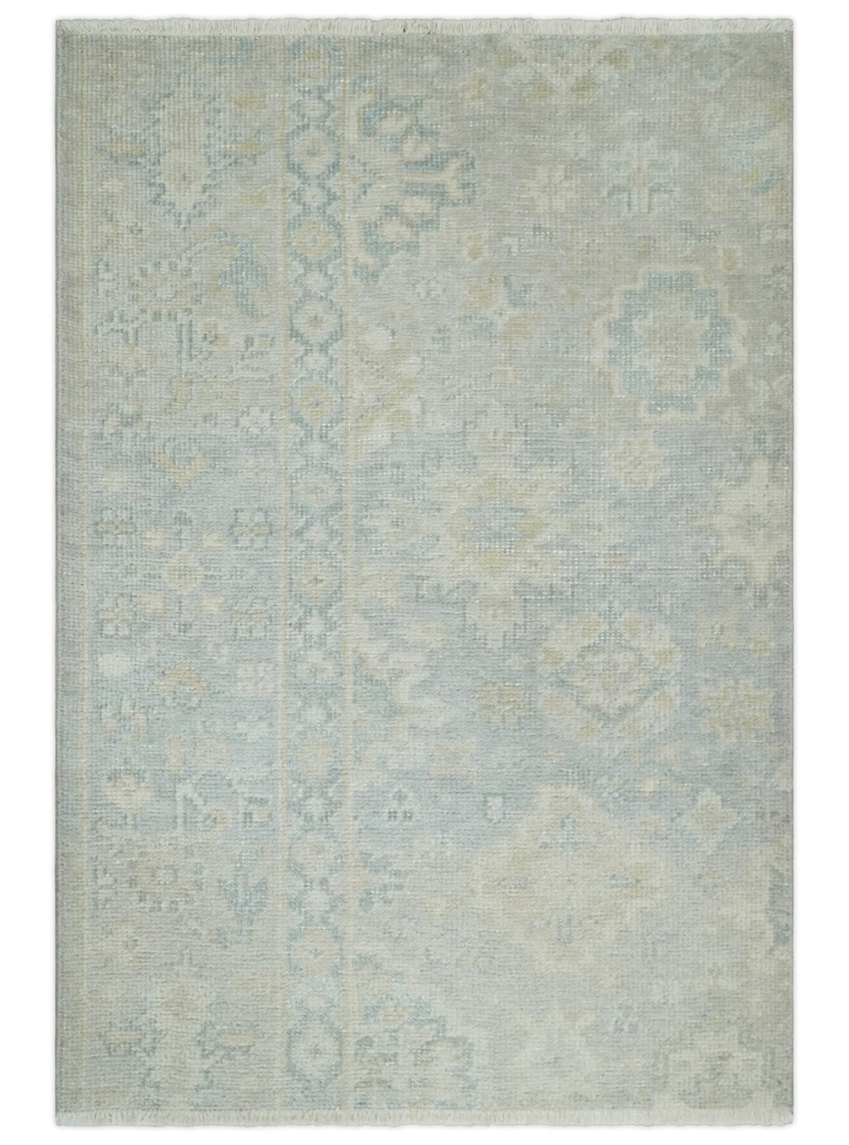 Low Pile 2x3 Hand Knotted Gray, Beige and Ivory Traditional Oushak Wool Rug