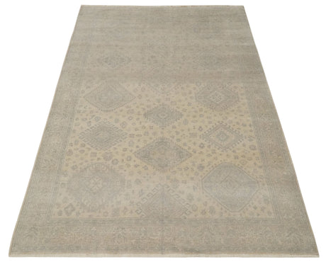 Low Pile 6x9 Hand Knotted Beige and Gray Traditional Wool Area Rug
