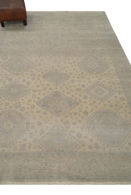 Low Pile 6x9 Hand Knotted Beige and Gray Traditional Wool Area Rug