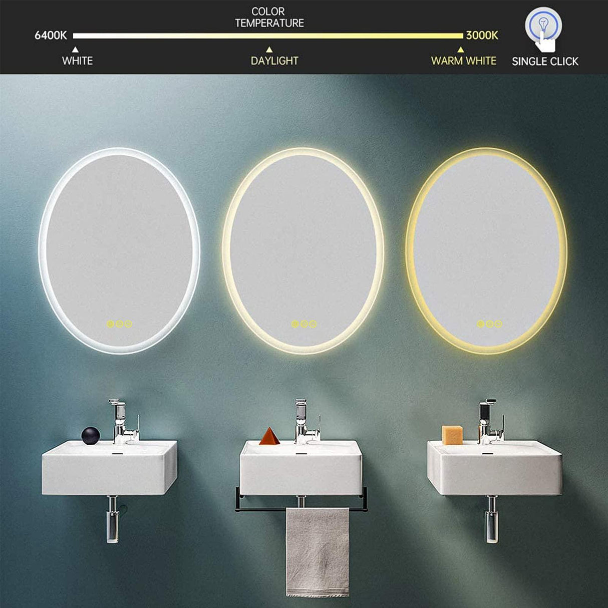 LuminaMirror Oval Frameless LED Anti-Fog Dimmable Bathroom Vanity Mirror-镜子-Parc Decor