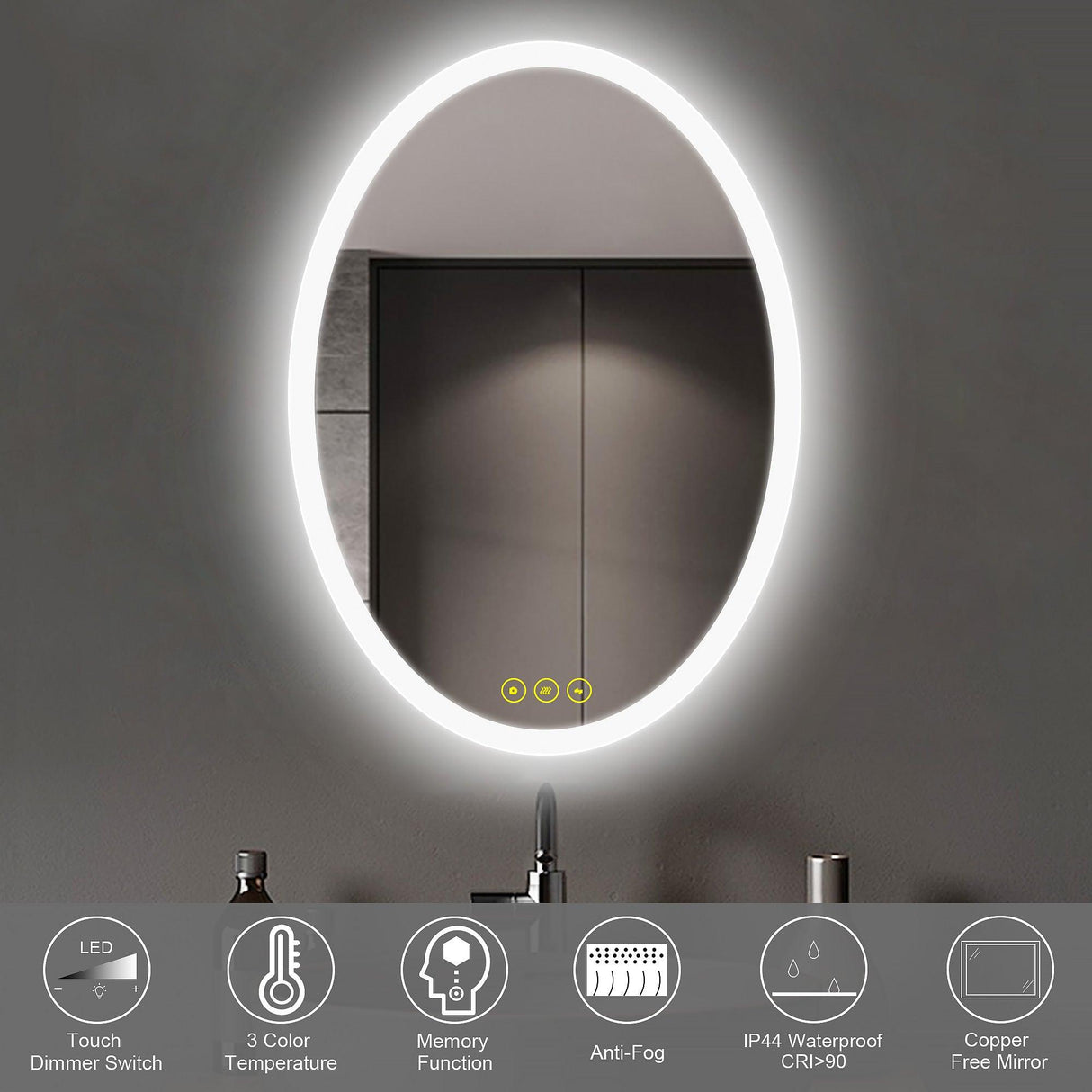 LuminaMirror Oval Frameless LED Anti-Fog Dimmable Bathroom Vanity Mirror-镜子-Parc Decor