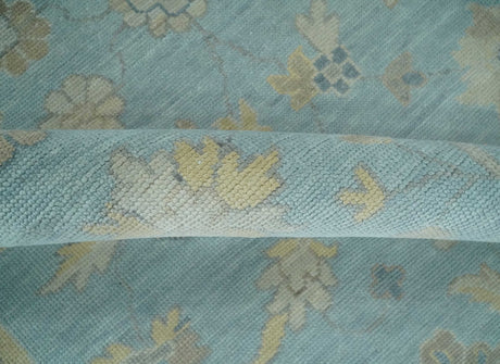 Made to Order Aqua, Beige and Ivory Hand Knotted Floral Oushak Wool Rug