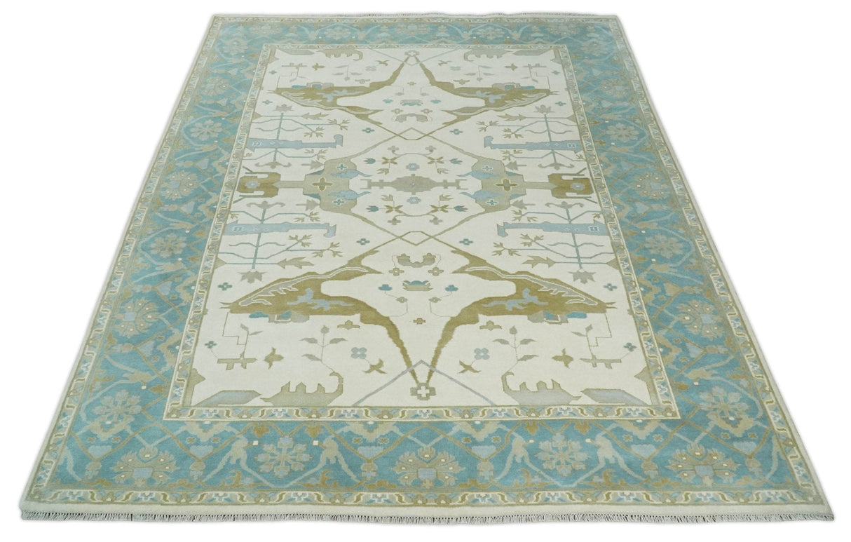 Made to Order Hand Knotted Oriental Oushak Ivory, Aqua and Beige Wool Area Rug