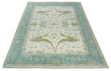 Made to Order Hand Knotted Oriental Oushak Ivory, Aqua and Beige Wool Area Rug
