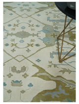 Made to Order Hand Knotted Oriental Oushak Ivory, Aqua and Beige Wool Area Rug