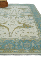Made to Order Hand Knotted Oriental Oushak Ivory, Aqua and Beige Wool Area Rug
