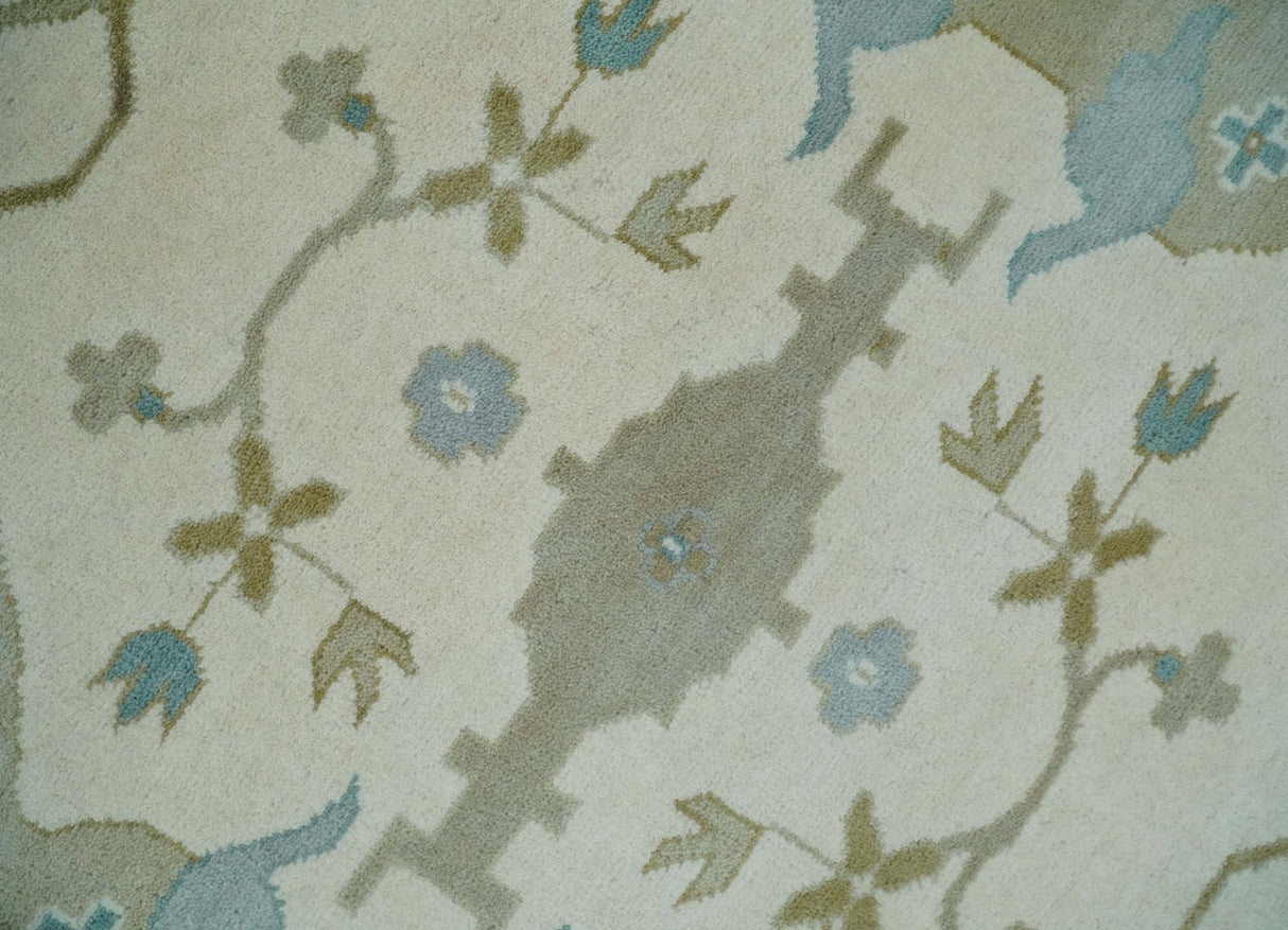 Made to Order Hand Knotted Oriental Oushak Ivory, Aqua and Beige Wool Area Rug