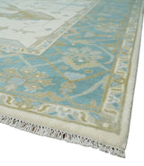 Made to Order Hand Knotted Oriental Oushak Ivory, Aqua and Beige Wool Area Rug