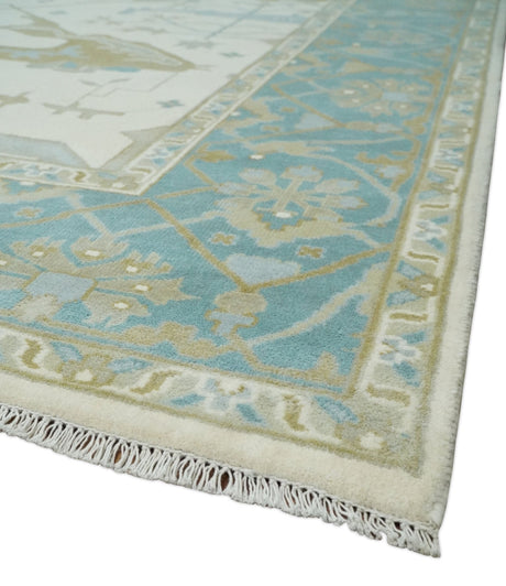 Made to Order Hand Knotted Oriental Oushak Ivory, Aqua and Beige Wool Area Rug