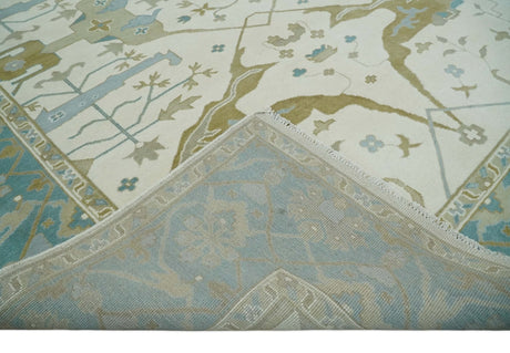 Made to Order Hand Knotted Oriental Oushak Ivory, Aqua and Beige Wool Area Rug