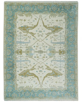 Made to Order Hand Knotted Oriental Oushak Ivory, Aqua and Beige Wool Area Rug