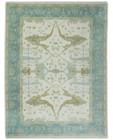Made to Order Hand Knotted Oriental Oushak Ivory, Aqua and Beige Wool Area Rug