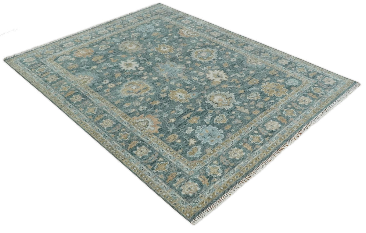 Made to Order Teal, Olive and Silver Antique Style Hand knotted Oushak wool Area Rug