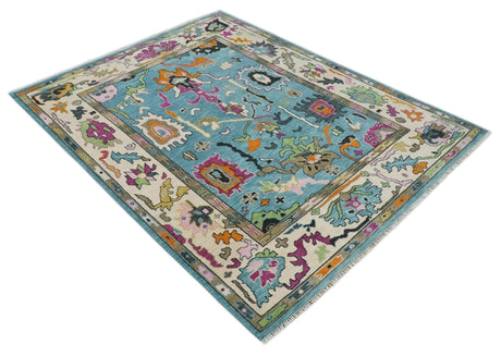 Made to Order Traditional Blue and Ivory Vibrant colorful Hand knotted Oushak wool area rug