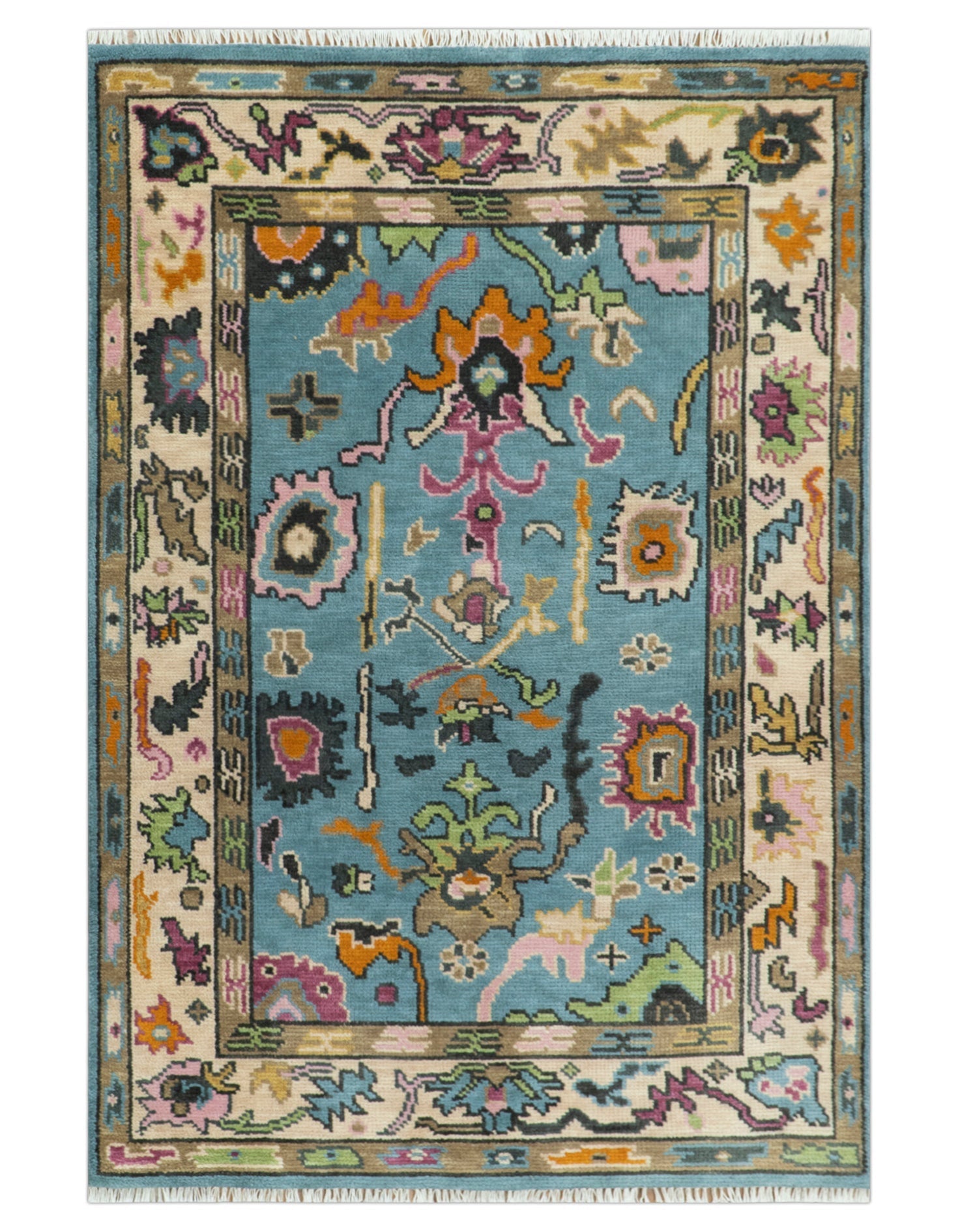 Made to Order Traditional Blue and Ivory Vibrant colorful Hand knotted Oushak wool area rug