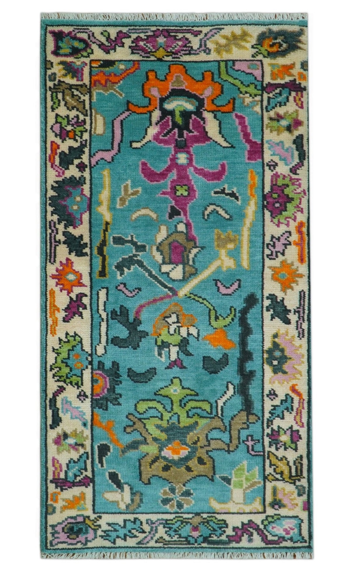 Made to Order Traditional Blue and Ivory Vibrant colorful Hand knotted Oushak wool area rug