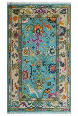 Made to Order Traditional Blue and Ivory Vibrant colorful Hand knotted Oushak wool area rug