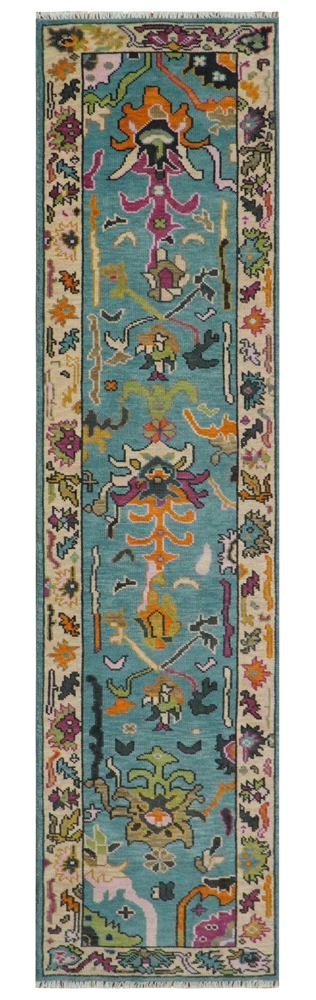 Made to Order Traditional Blue and Ivory Vibrant colorful Hand knotted Oushak wool area rug