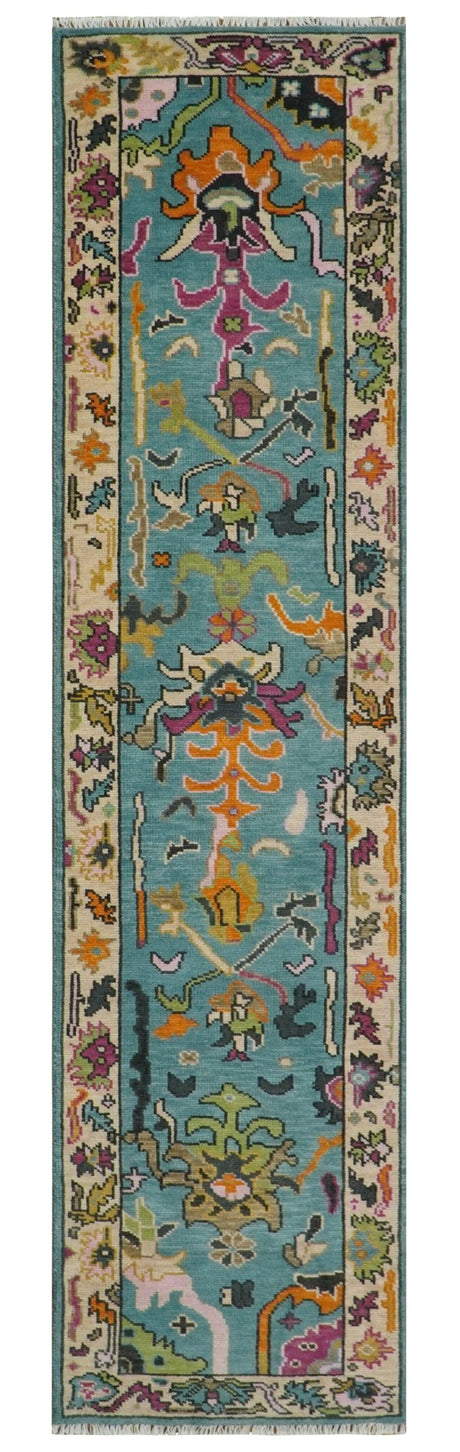 Made to Order Traditional Blue and Ivory Vibrant colorful Hand knotted Oushak wool area rug