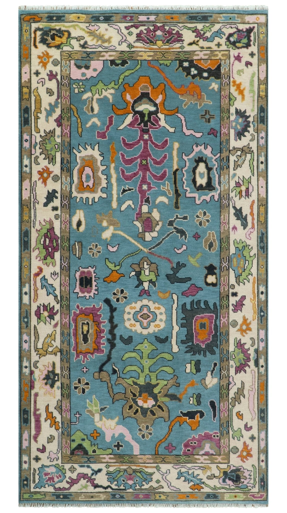 Made to Order Traditional Blue and Ivory Vibrant colorful Hand knotted Oushak wool area rug