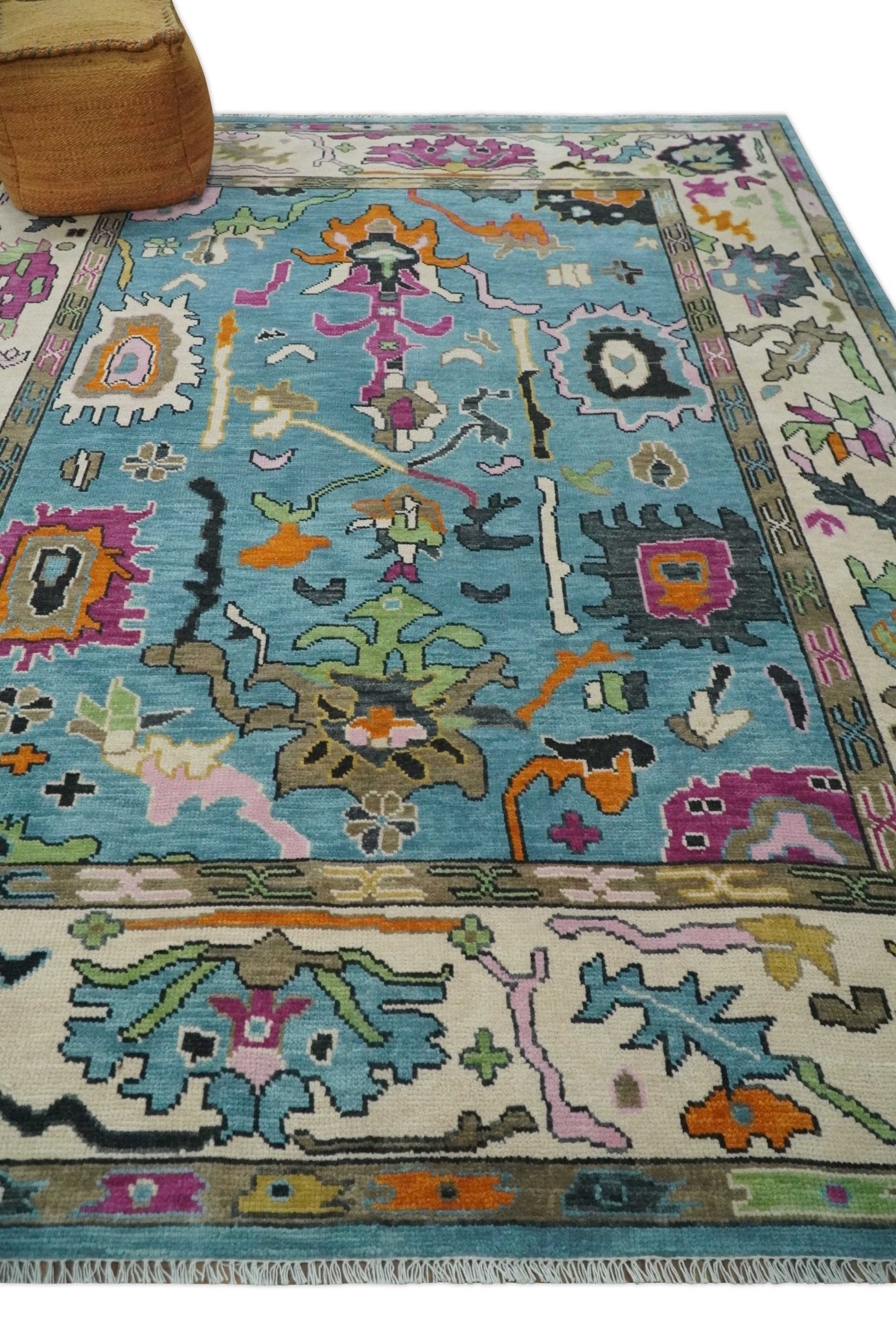Made to Order Traditional Blue and Ivory Vibrant colorful Hand knotted Oushak wool area rug