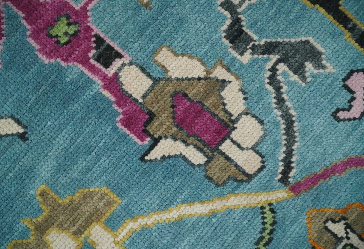 Made to Order Traditional Blue and Ivory Vibrant colorful Hand knotted Oushak wool area rug