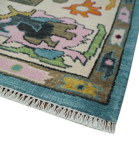 Made to Order Traditional Blue and Ivory Vibrant colorful Hand knotted Oushak wool area rug