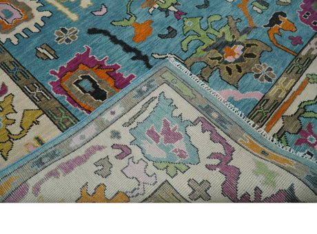 Made to Order Traditional Blue and Ivory Vibrant colorful Hand knotted Oushak wool area rug