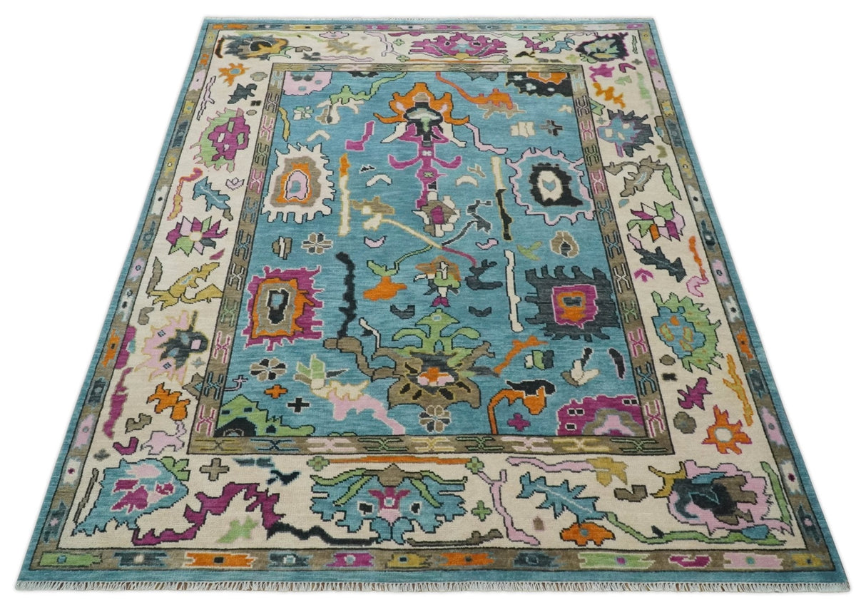 Made to Order Traditional Blue and Ivory Vibrant colorful Hand knotted Oushak wool area rug