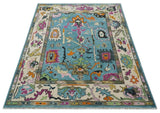 Made to Order Traditional Blue and Ivory Vibrant colorful Hand knotted Oushak wool area rug