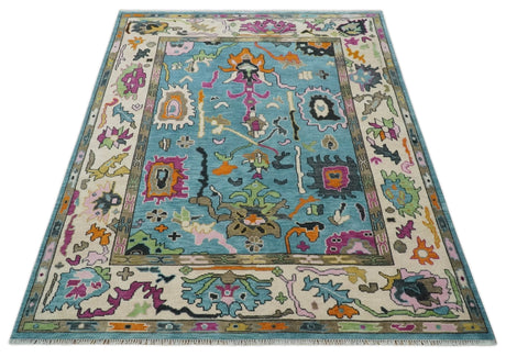Made to Order Traditional Blue and Ivory Vibrant colorful Hand knotted Oushak wool area rug