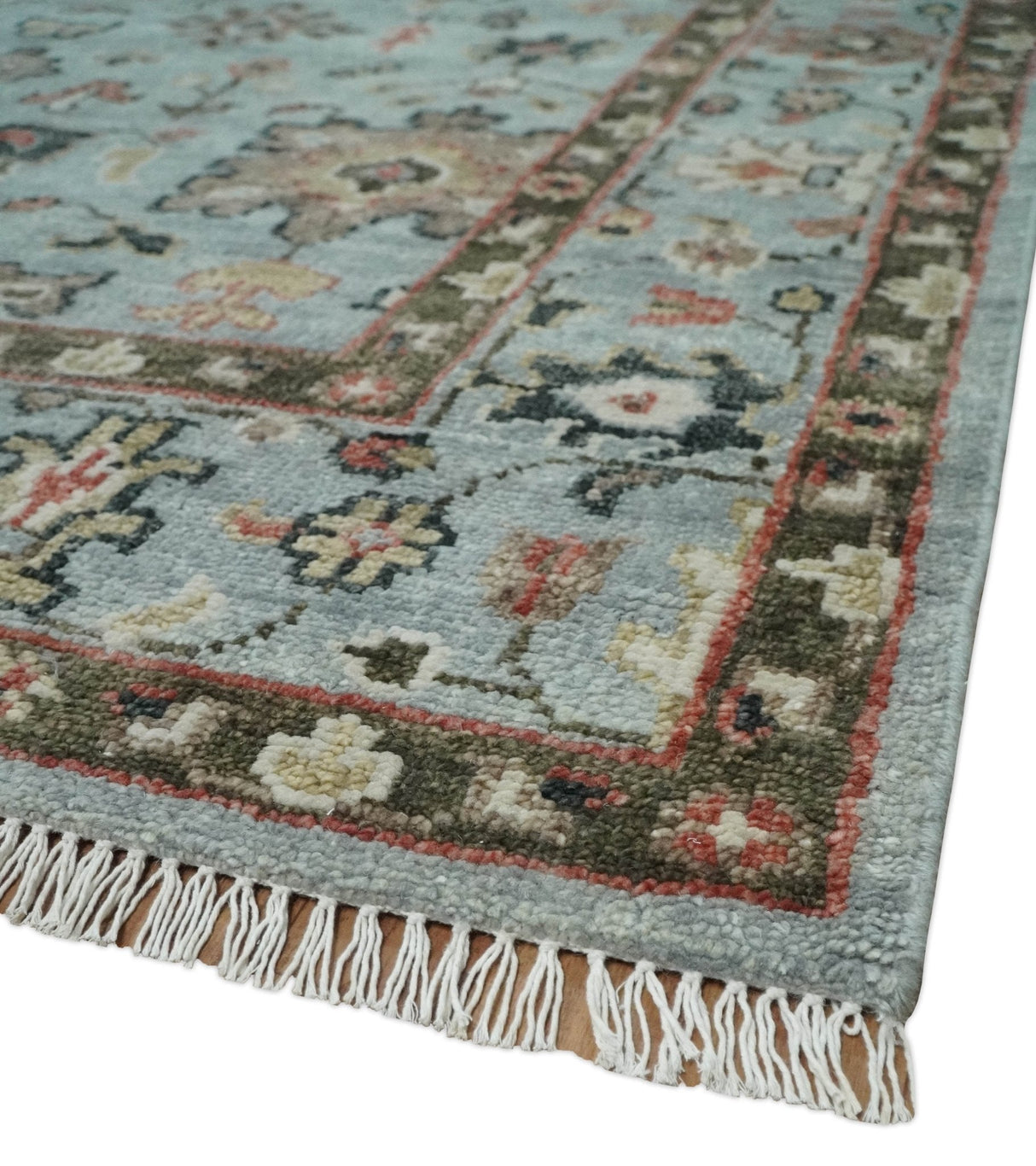 Made to Order Wool Traditional Silver and Olive Hand knotted Oushak Area Rug