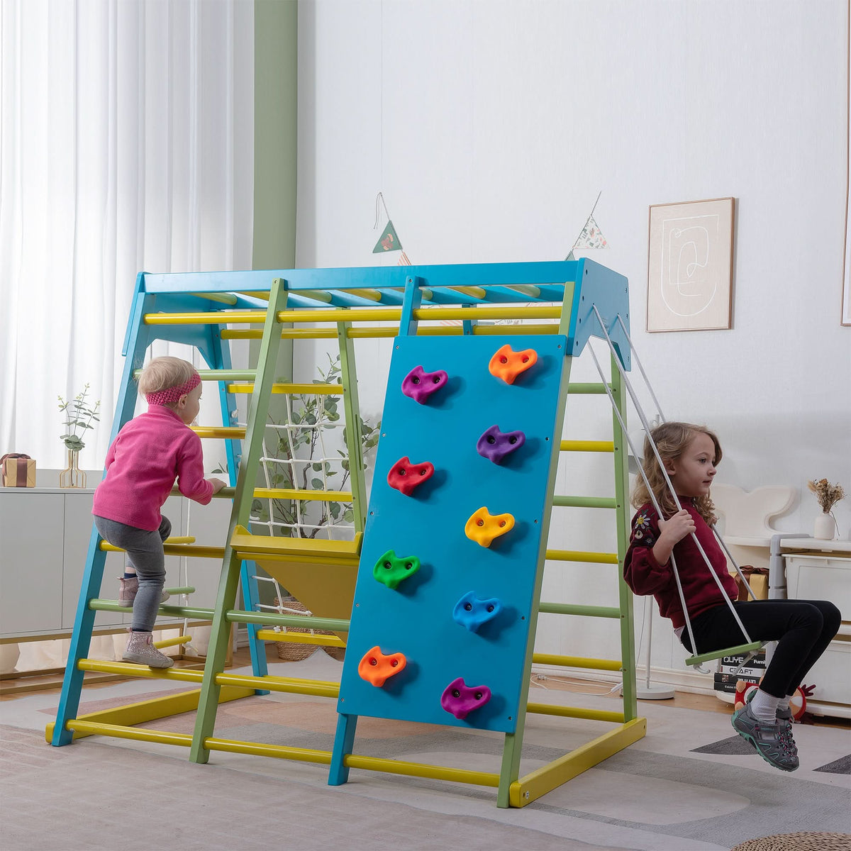 Magnolia | Indoor Wooden Jungle Gym with Monkey Bars, Rock Wall & Swing
