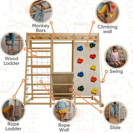 Magnolia | Indoor Wooden Jungle Gym with Monkey Bars, Rock Wall & Swing