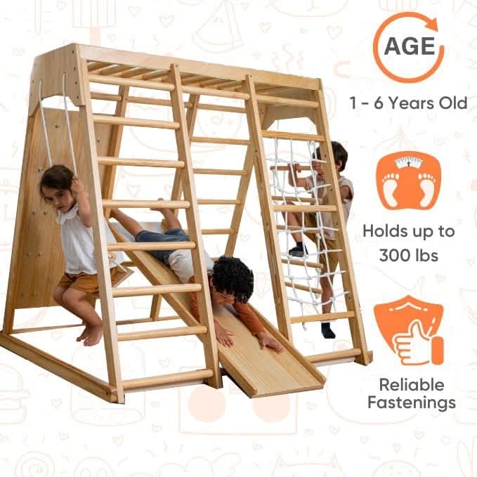 Magnolia | Indoor Wooden Jungle Gym with Monkey Bars, Rock Wall & Swing