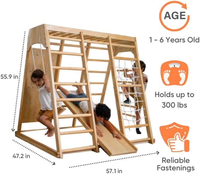 Magnolia | Indoor Wooden Jungle Gym with Monkey Bars, Rock Wall & Swing