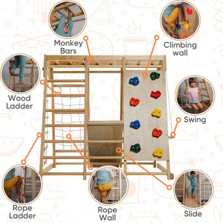 Magnolia | Indoor Wooden Jungle Gym with Monkey Bars, Rock Wall & Swing