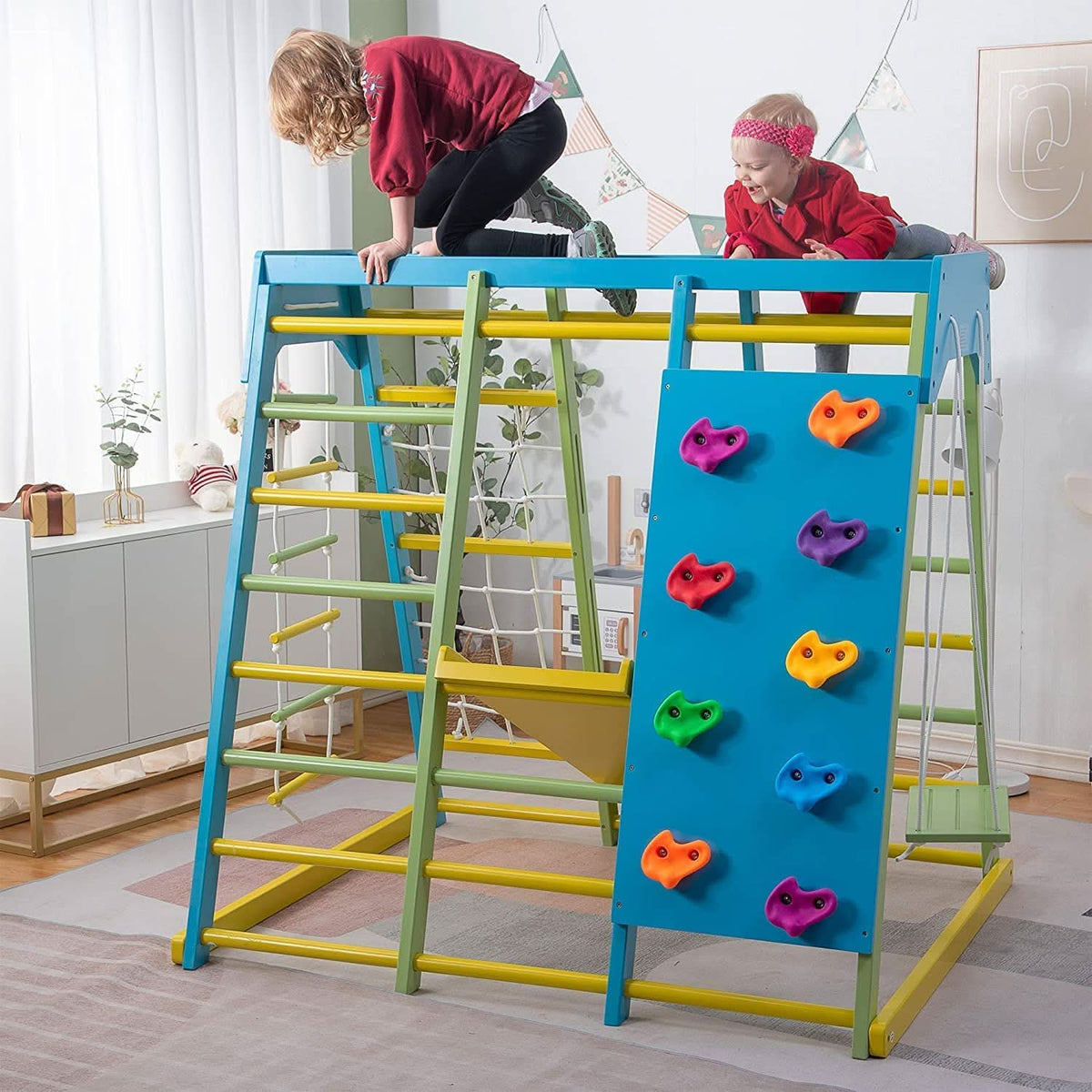 Magnolia | Indoor Wooden Jungle Gym with Monkey Bars, Rock Wall & Swing