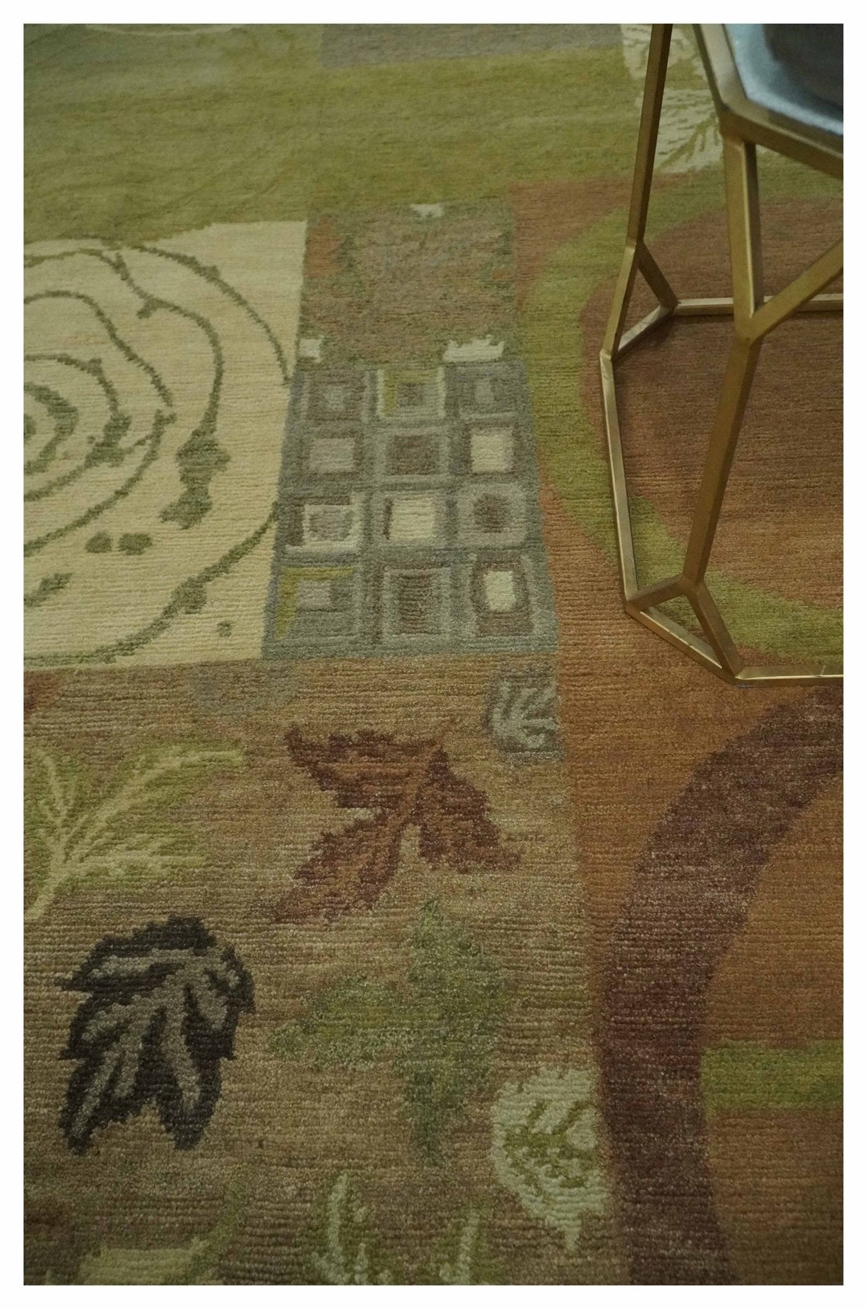 Mainstays Traditional Leaf Block Print Olive, Beige, Rust and Brown 6x8 Indoor wool Area Rug-Area Rug-Parc Decor