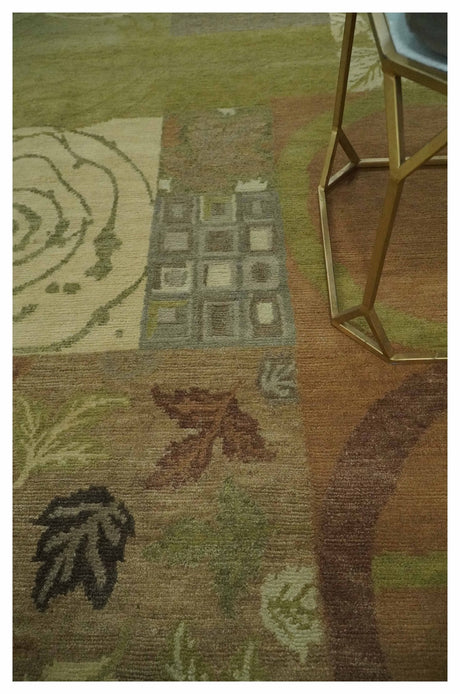 Mainstays Traditional Leaf Block Print Olive, Beige, Rust and Brown 6x8 Indoor wool Area Rug-Area Rug-Parc Decor