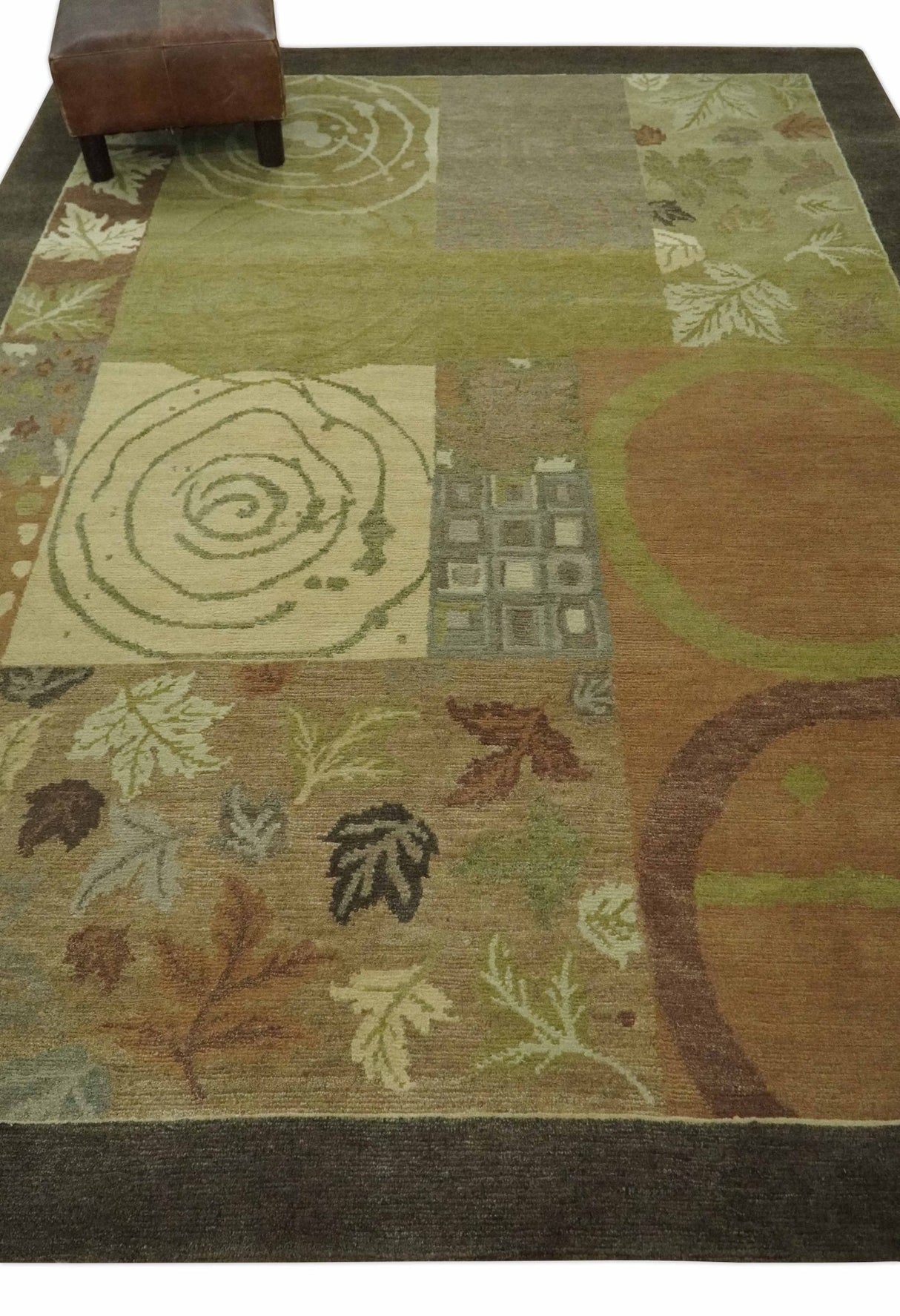 Mainstays Traditional Leaf Block Print Olive, Beige, Rust and Brown 6x8 Indoor wool Area Rug-Area Rug-Parc Decor
