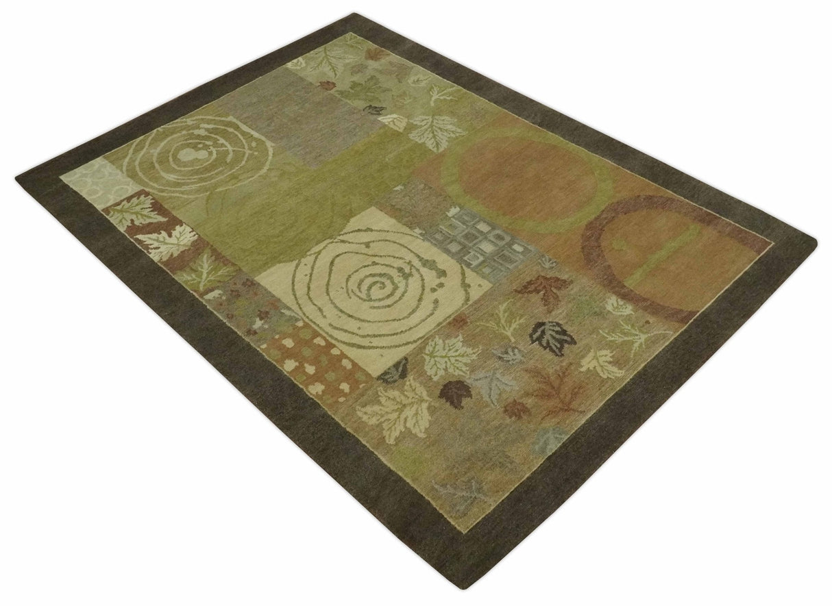 Mainstays Traditional Leaf Block Print Olive, Beige, Rust and Brown 6x8 Indoor wool Area Rug-Area Rug-Parc Decor