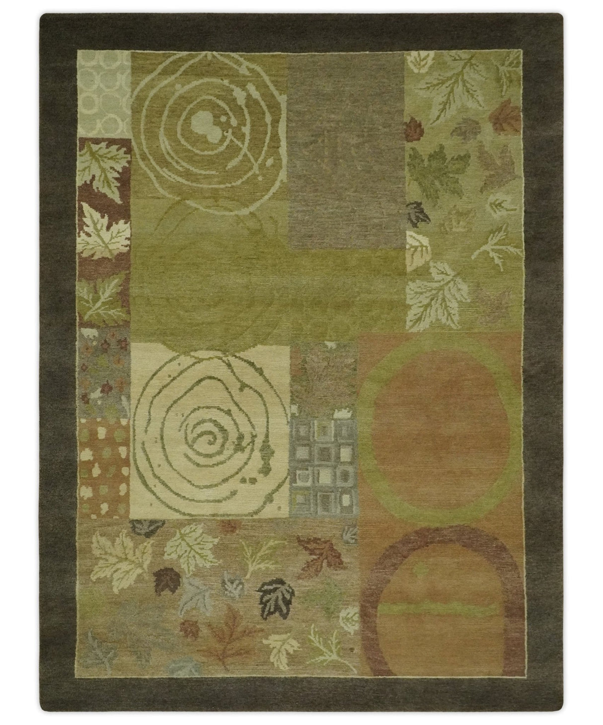 Mainstays Traditional Leaf Block Print Olive, Beige, Rust and Brown 6x8 Indoor wool Area Rug-Area Rug-Parc Decor