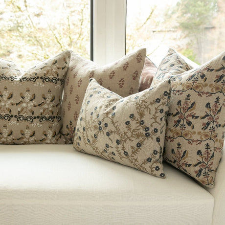 Manda Linen Block Print Throw Pillow Cover, Natural-Floral Pillows-Parc Decor
